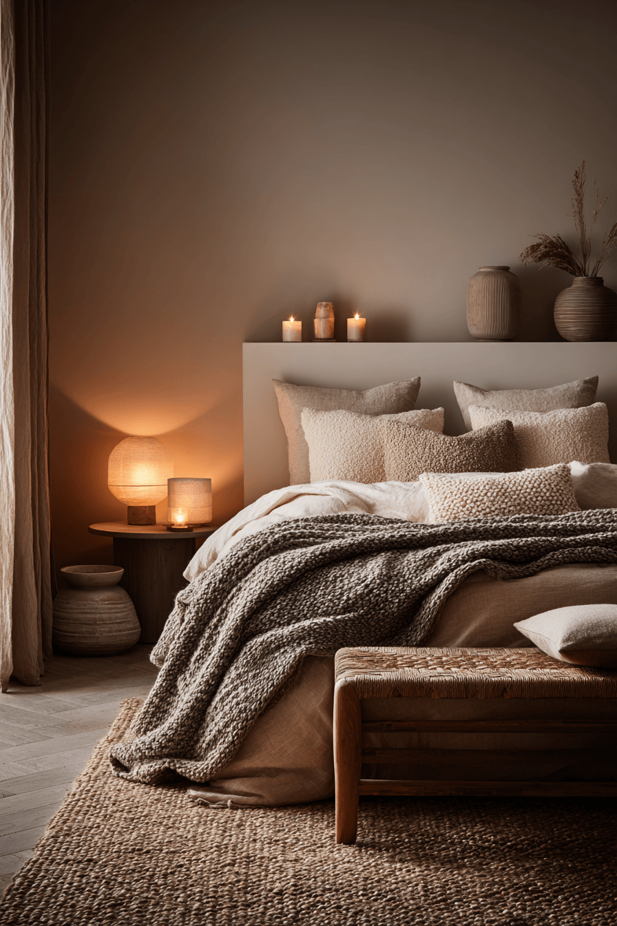 Warm beige bedroom with layered textures, boucle pillows, and woven accents