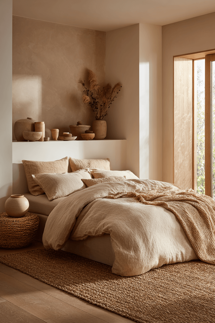 tonal beige bedroom with rich monochrome warmth