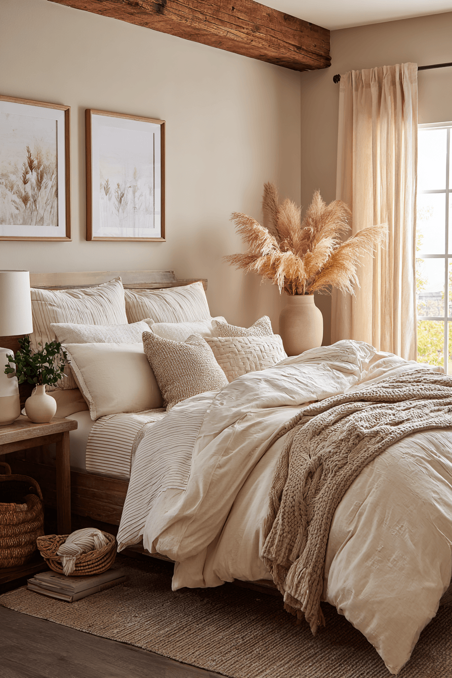 A restful cozy bedroom designed as a sleep sanctuary with blackout curtains and layered bedding.
