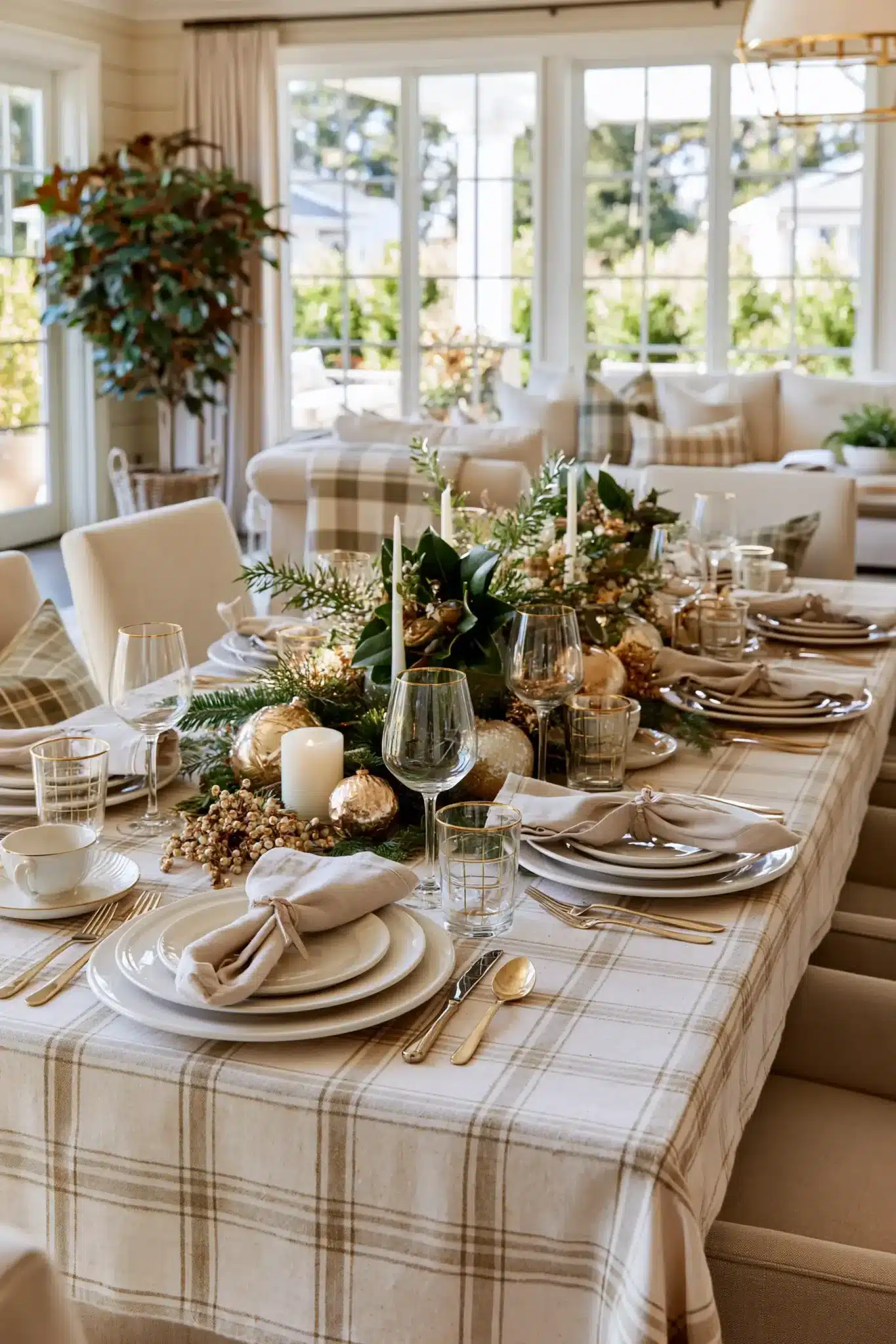 A cheerful holiday gathering table with festive linens and personalized place settings