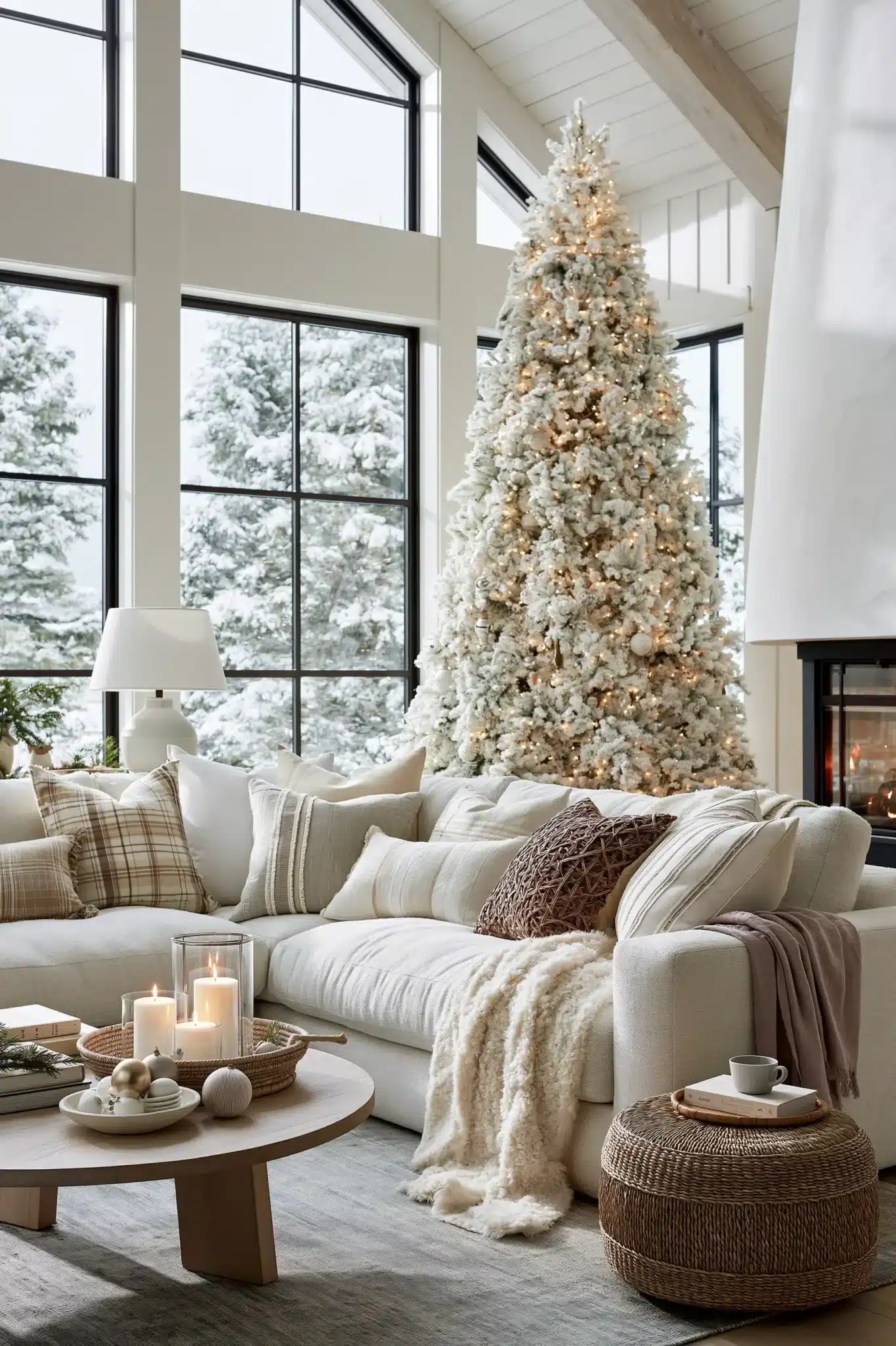Soft winter living room with white Christmas decor, gentle lighting, and natural textures