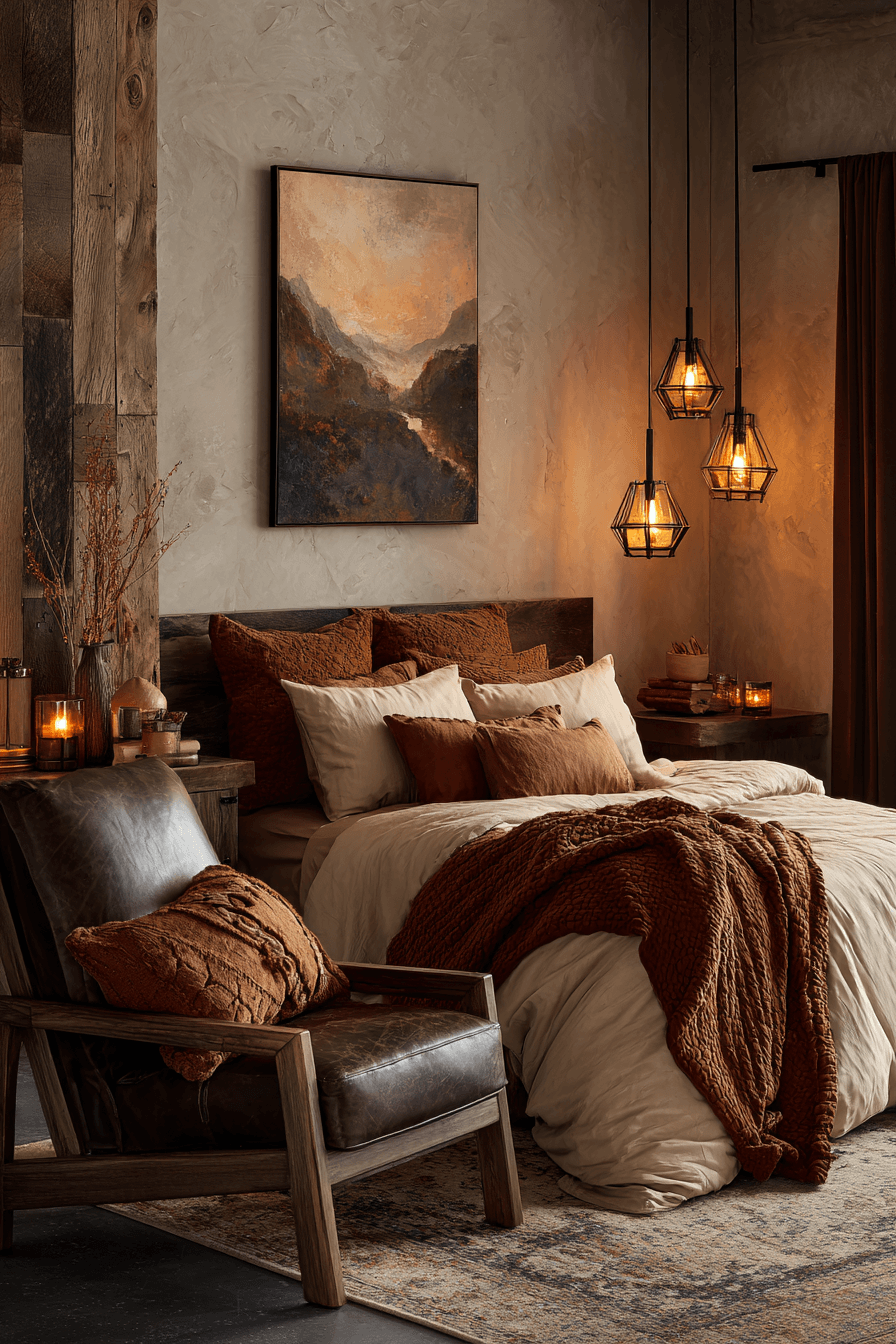 Warm bedroom with cinnamon accents, cream bedding, and brass lighting