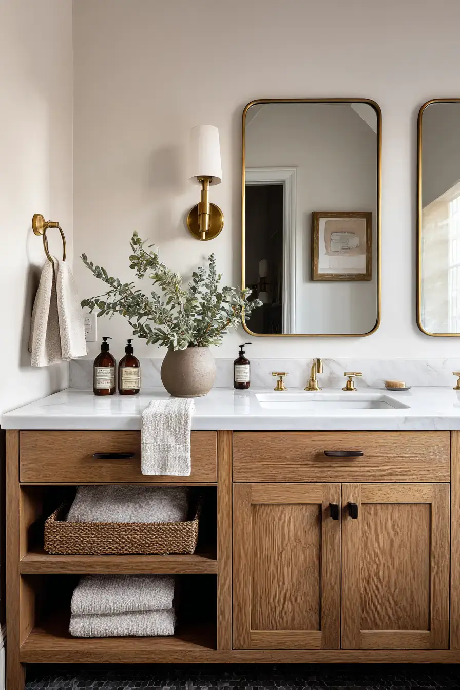 Elegant bathroom with warm lighting, mirrors, and metallic accents