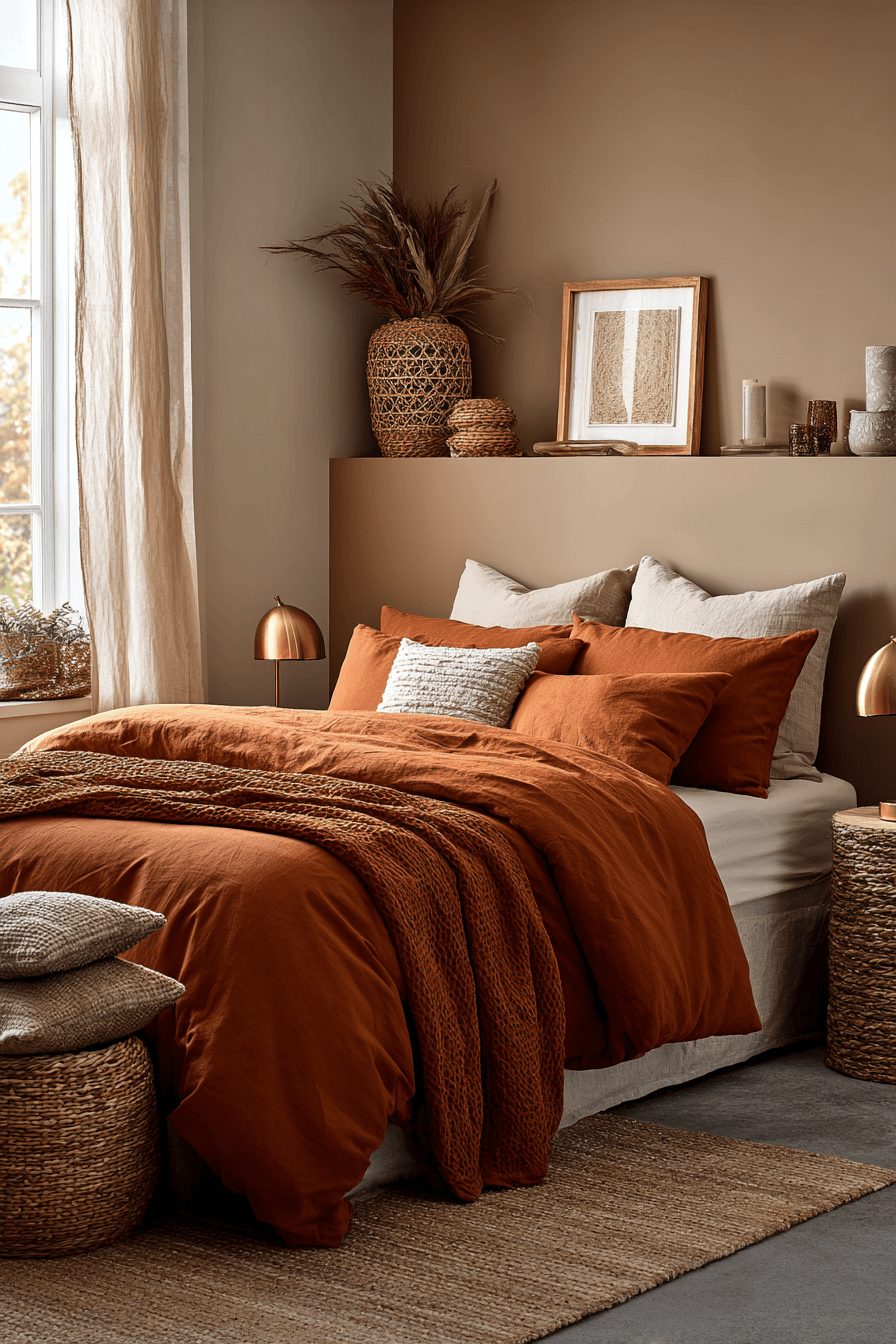 Bedroom with cinnamon-colored accents, warm wood, and soft neutral bedding