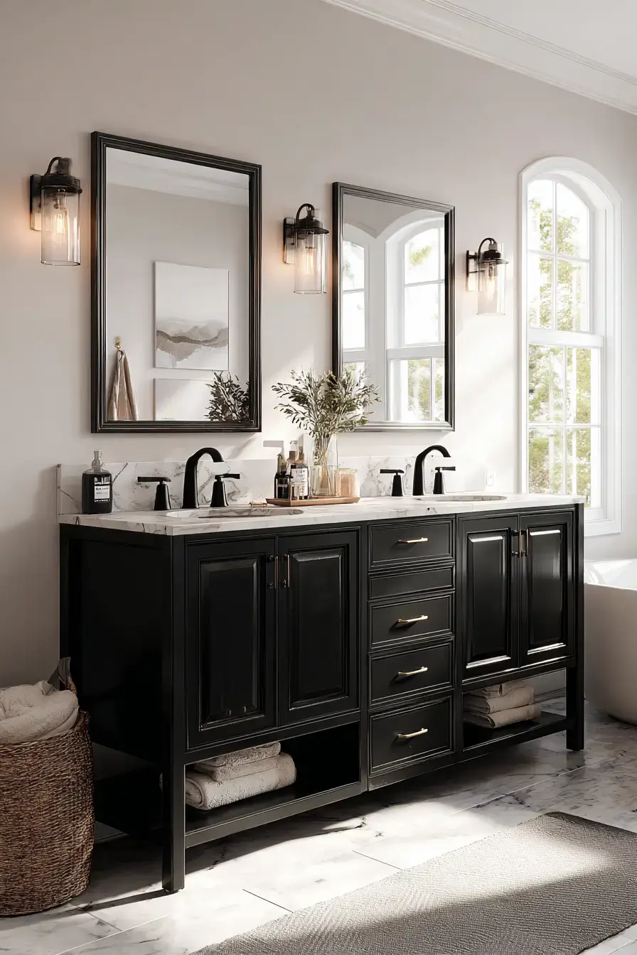 Bathroom with black fixtures and mirror accents against light surfaces
