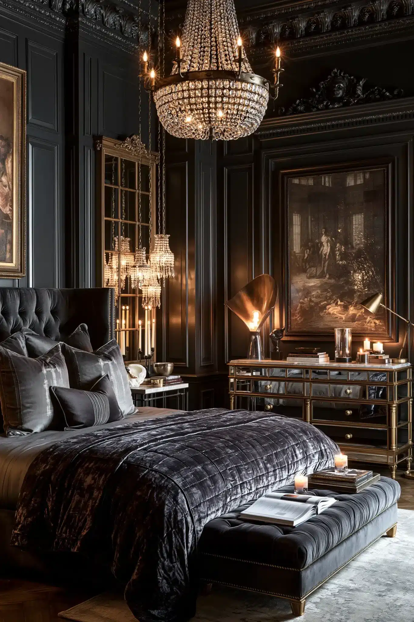 A gothic glam bedroom with black walls, gold accents, and elegant upholstery