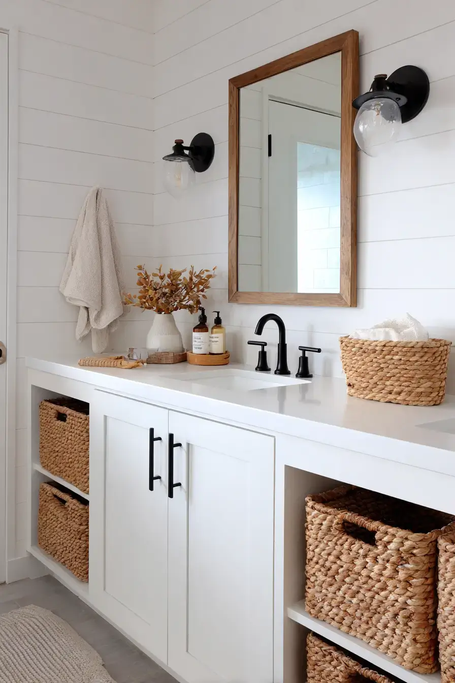 Modern farmhouse bathroom with black hardware, white walls, and wood accents