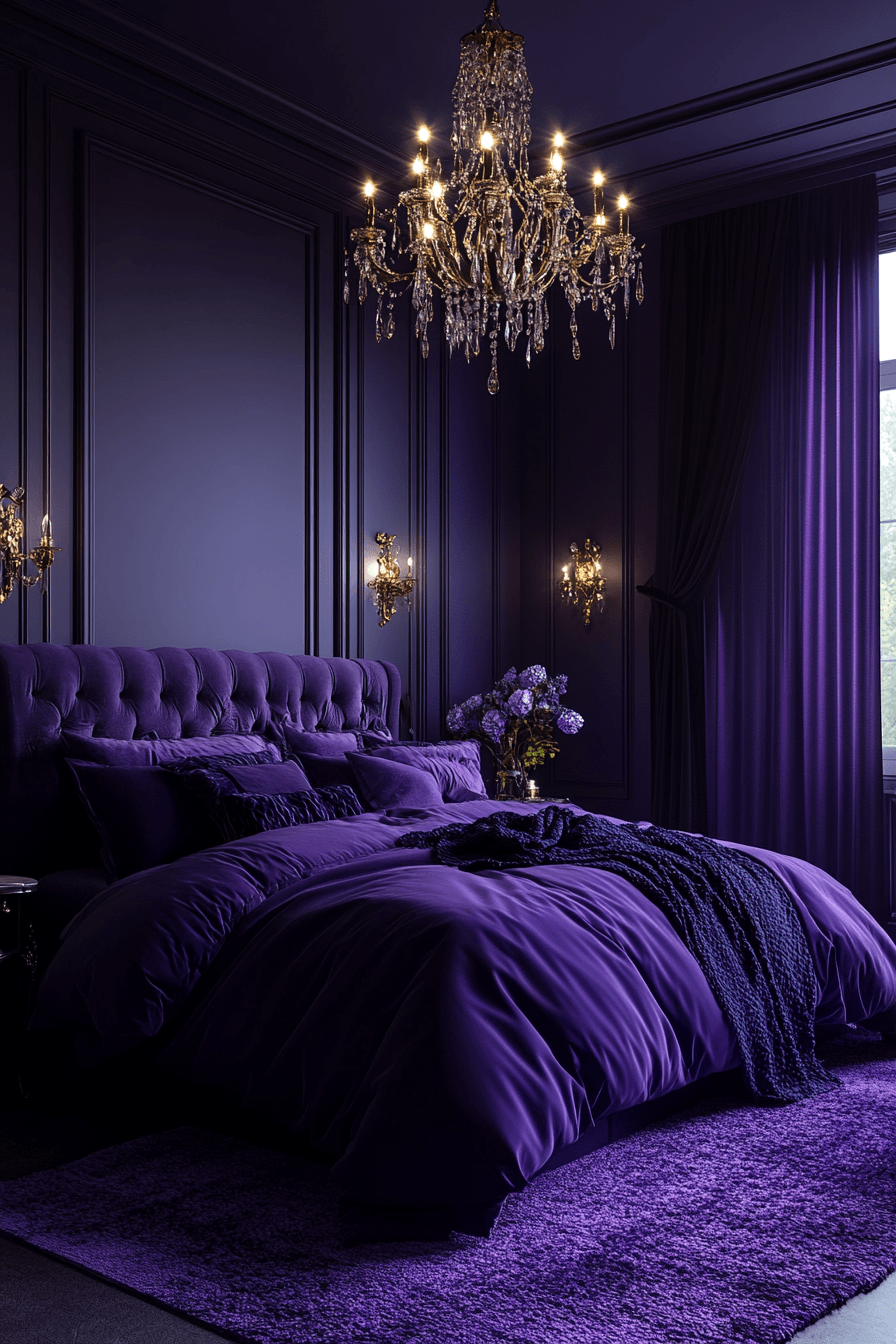 Luxurious dark purple bedroom with moody lighting and plush bedding