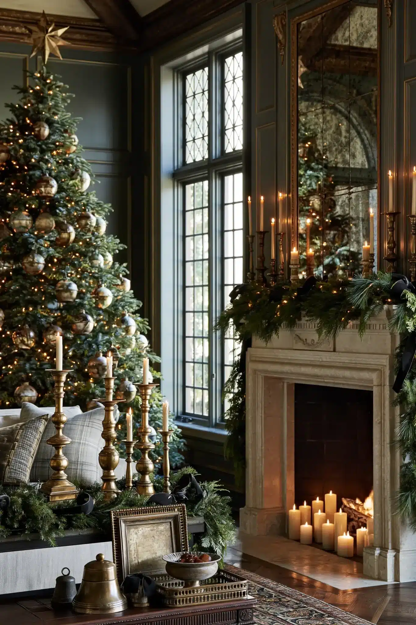 Moody Christmas decor with antique brass candlesticks, ornaments, and dark greenery.