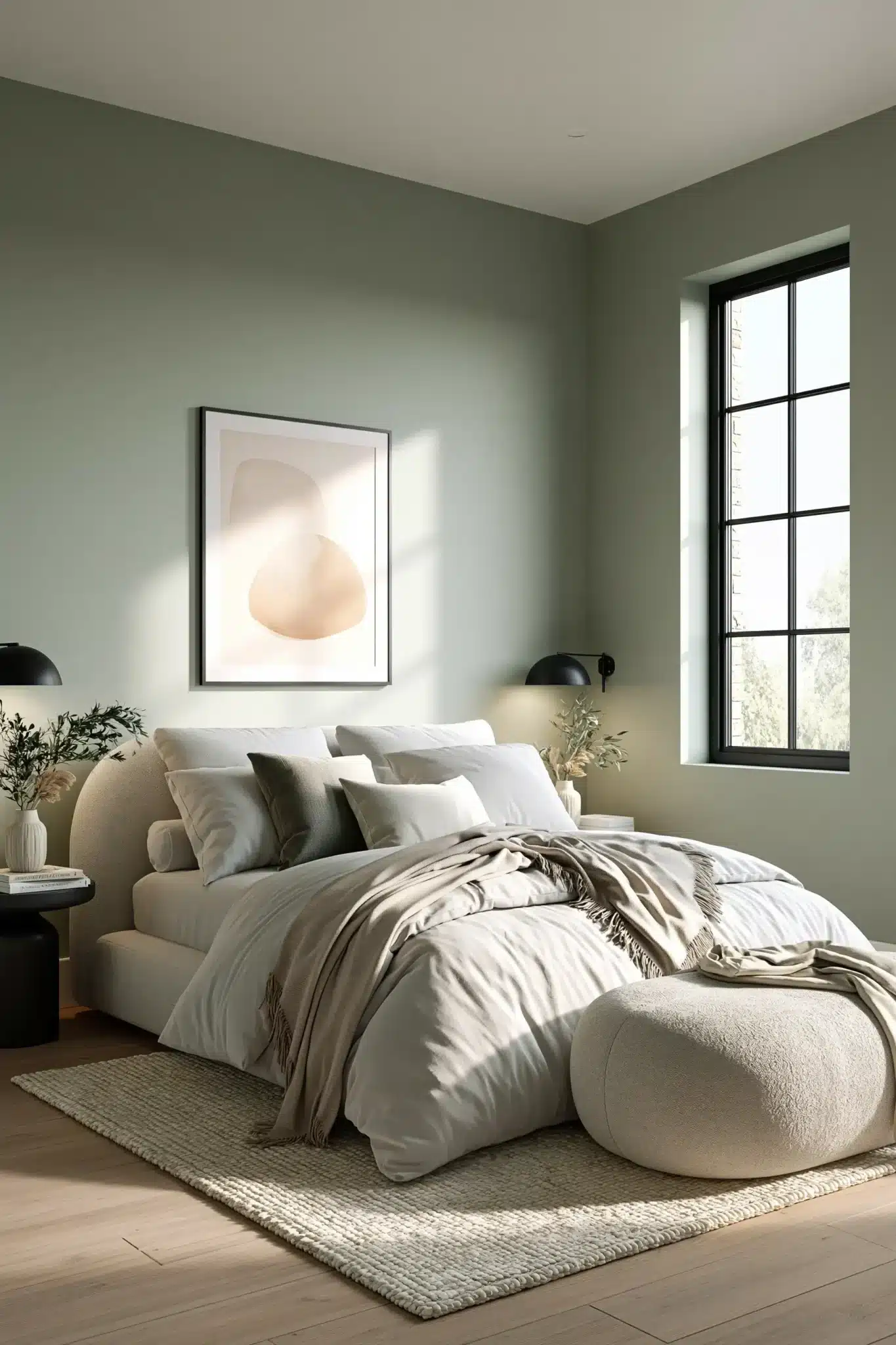 Cloud-like sage and grey bedroom with white bedding, rounded furniture, and soft lighting