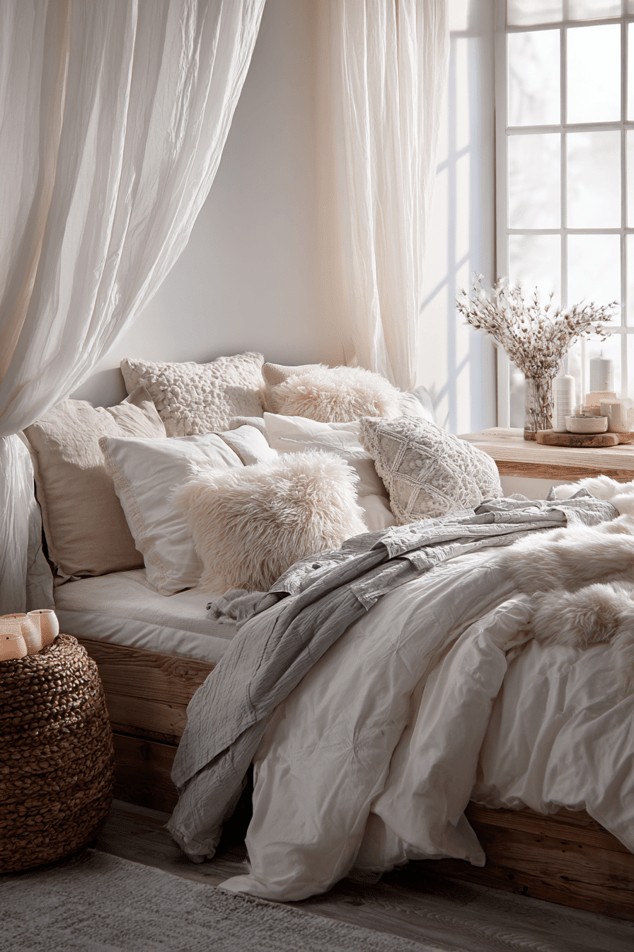 A warm cozy bedroom with airy cloud-like bedding, sheer curtains, and soft neutral tones.