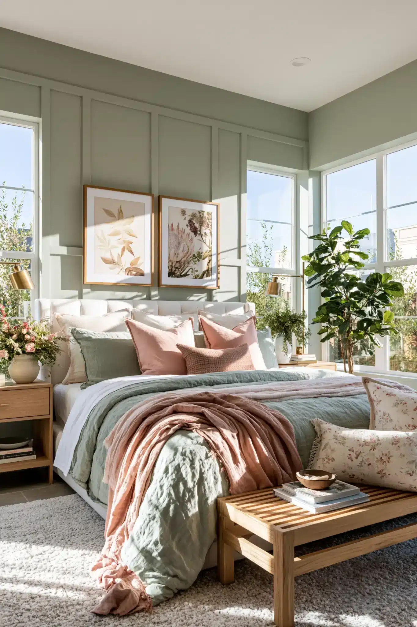 Light and airy sage green and blush bedroom with linen bedding and natural light.