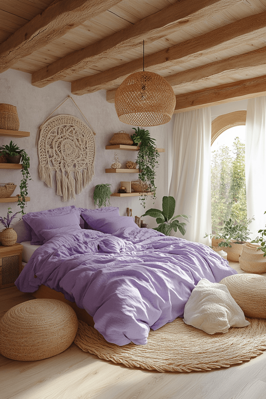 Airy purple boho loft bedroom with shelves, plants, and cozy textures