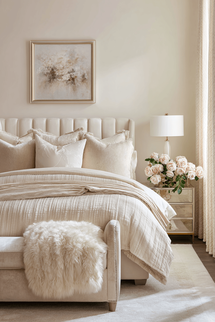 Warm beige bedroom with layered beige-on-beige styling and subtle metallic accents