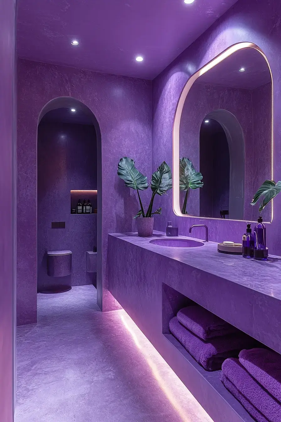 A monochrome bathroom filled with layered shades of purple