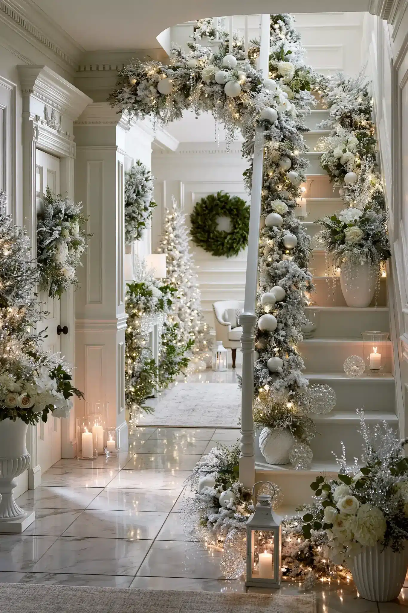 Elegant all-white hallway with snowy Christmas decor and subtle greenery