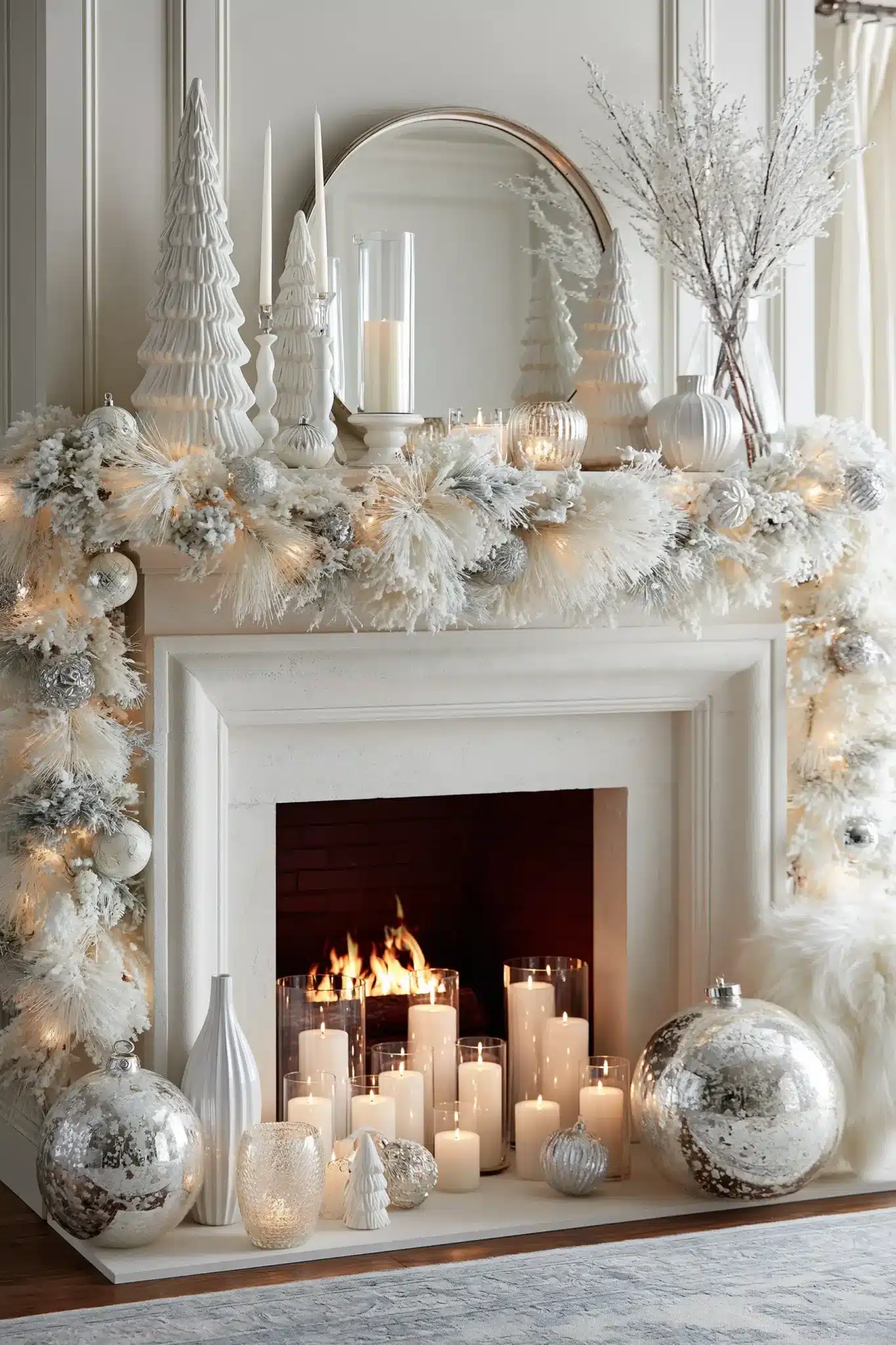 All-white Christmas mantel with ceramic trees, snowy branches, and candles