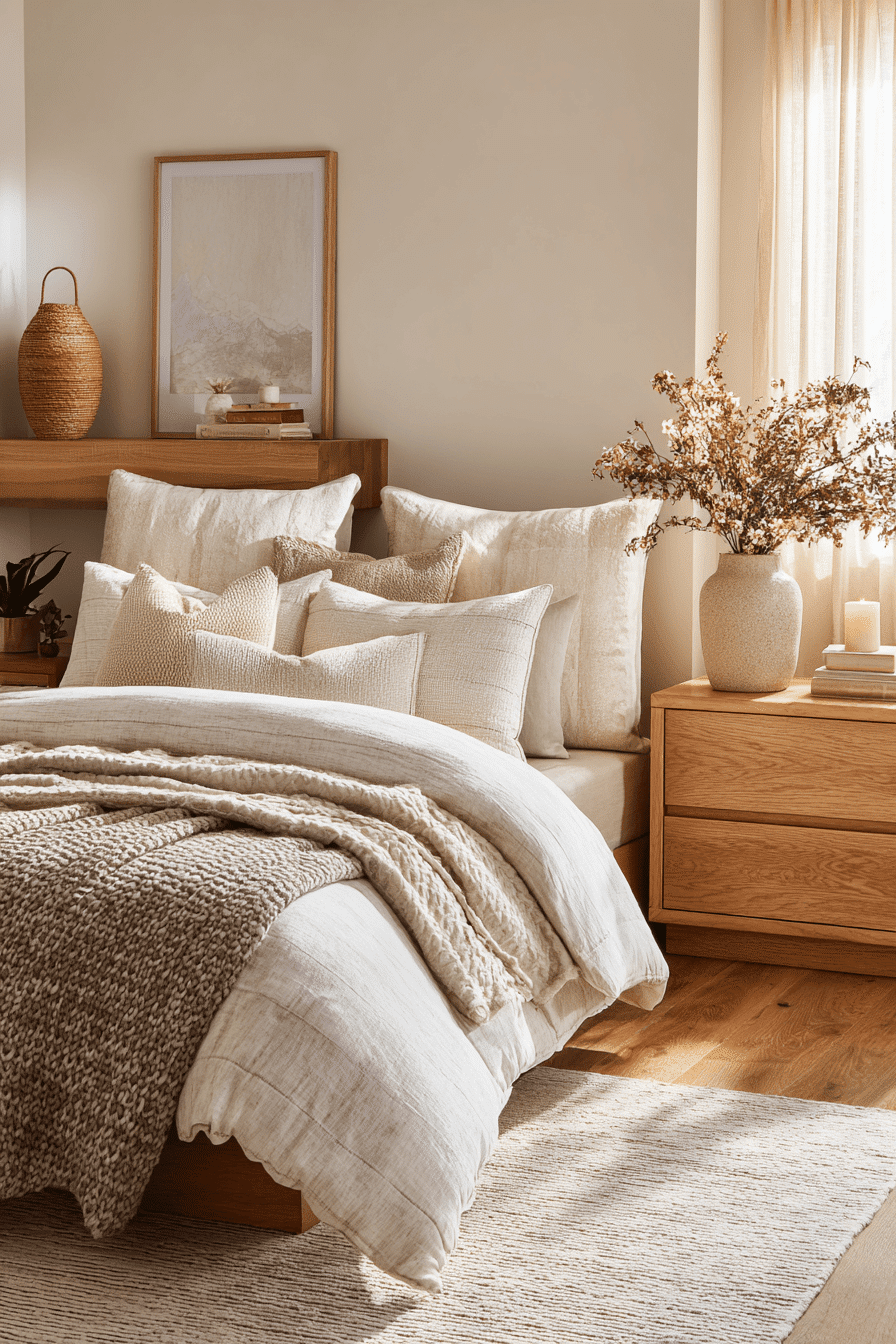 Warm neutral bedroom with almond and oatmeal tones, woven decor, and a natural fiber rug