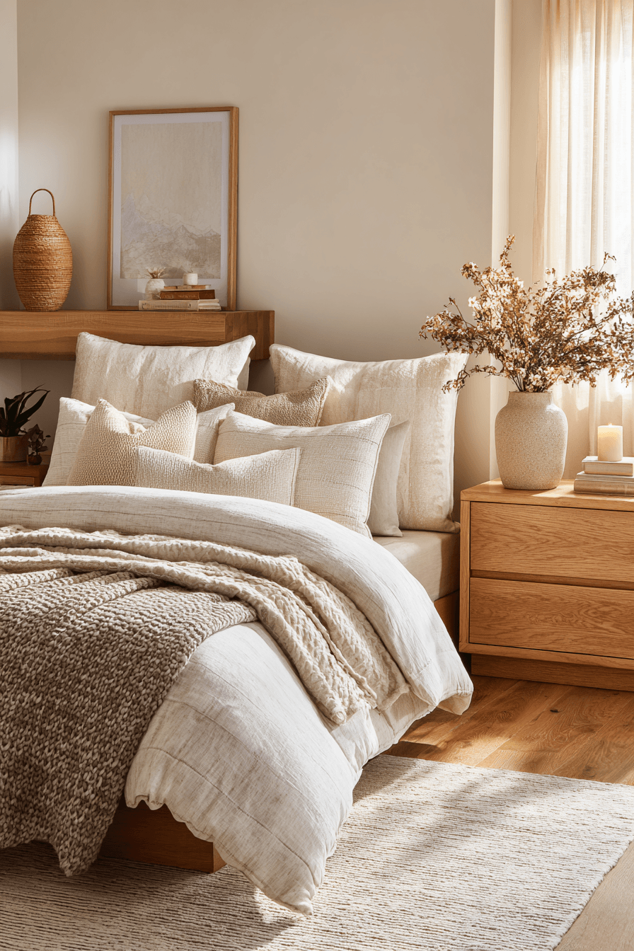Warm neutral bedroom with almond and oatmeal tones, whitewashed bed frame, and woven decor