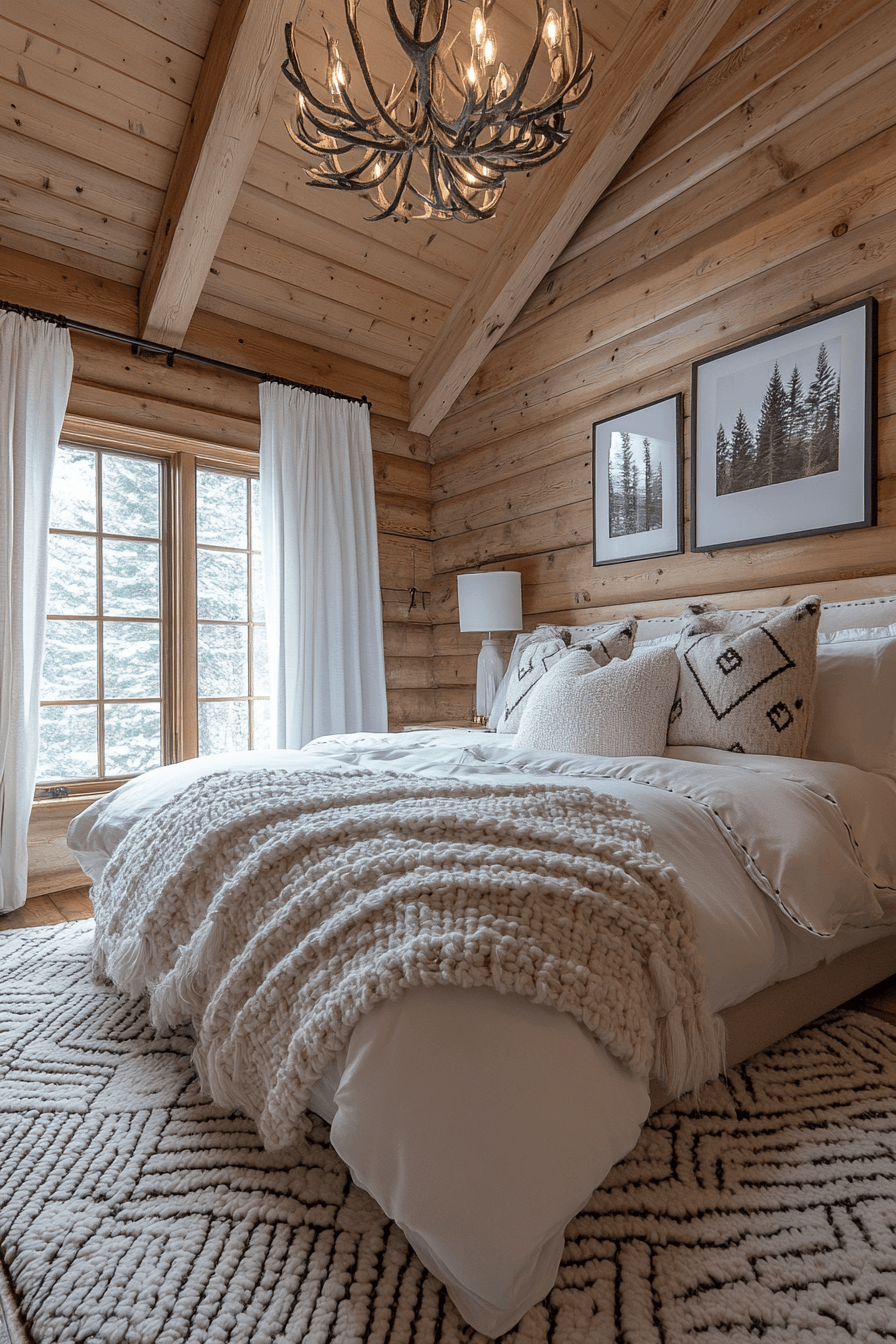 Mountain lodge bedroom with dark wood finishes, plaid bedding, and forest-inspired decor