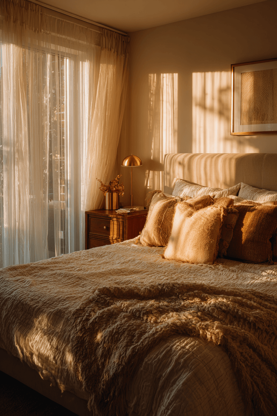A cozy bedroom styled with sunset colors, brass accents, and soft sheer curtains.