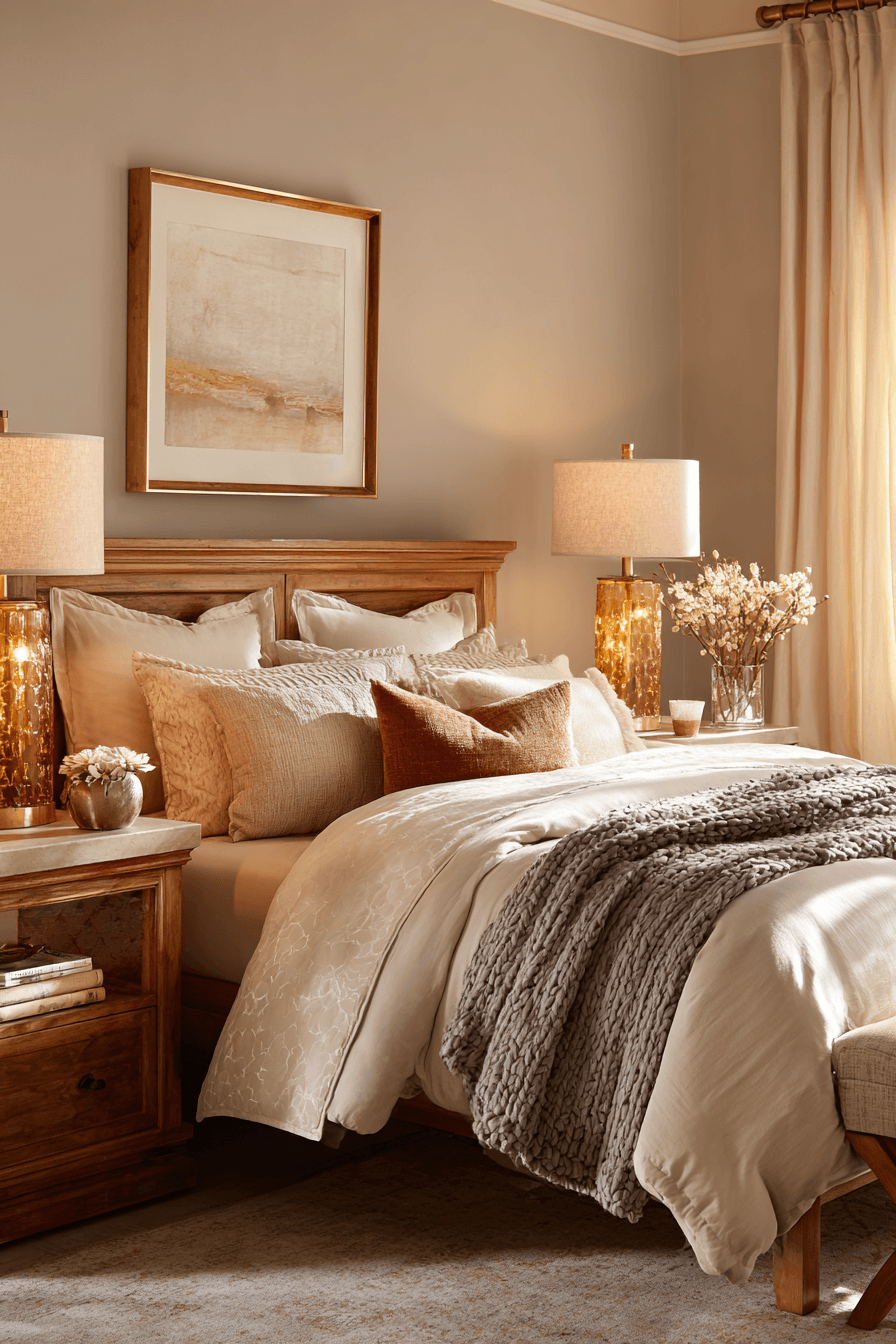 A bedroom with amber glass decor, neutral bedding, and warm wood furniture
