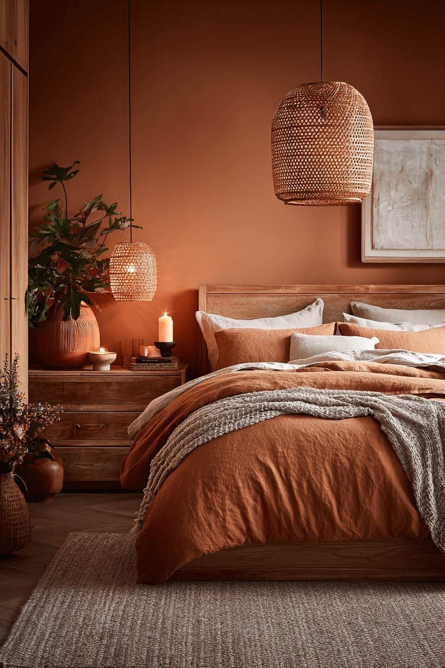 A cozy bedroom lit by amber bedside lamps and warm toned decor.