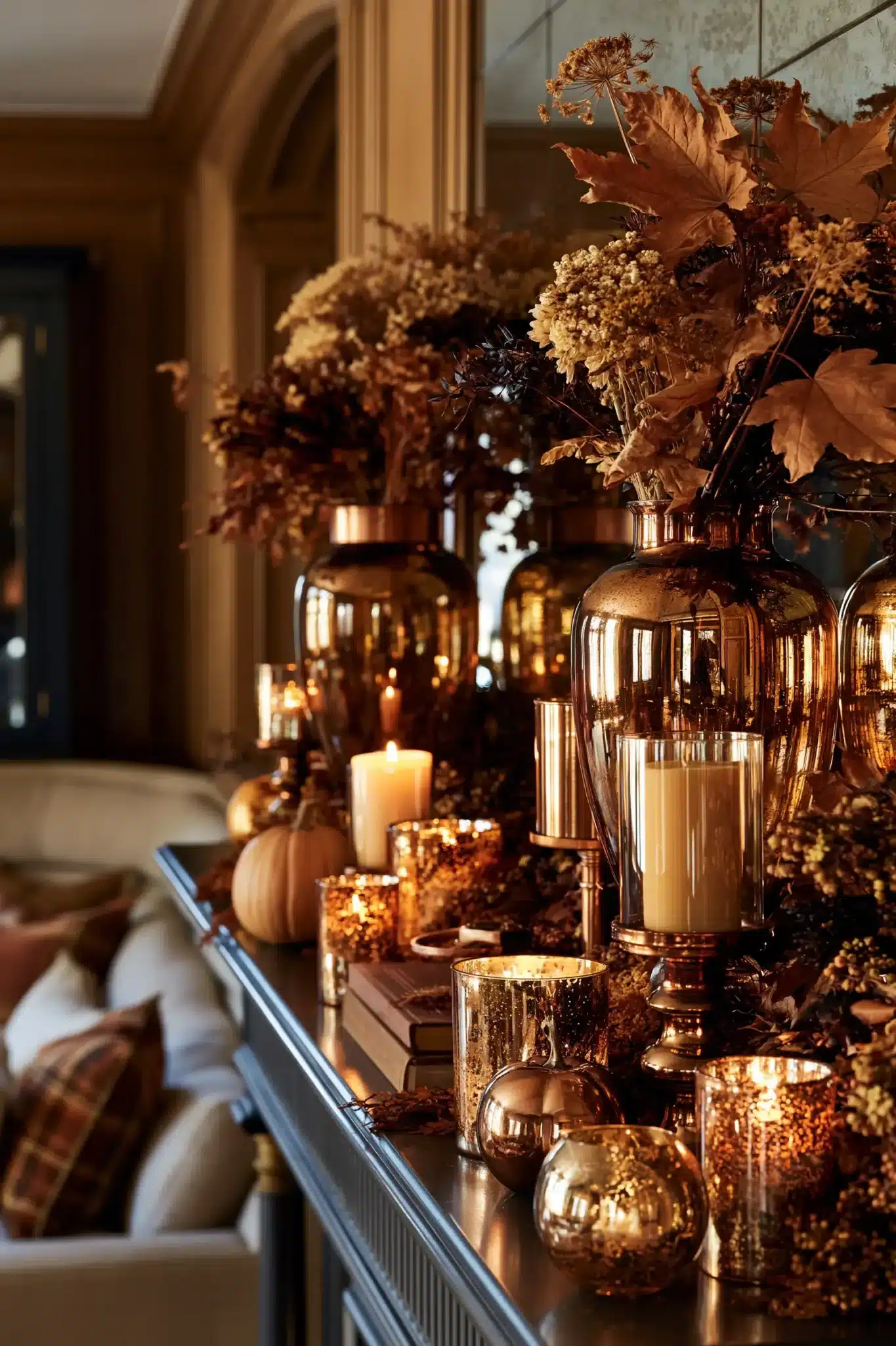 Thanksgiving mantel decor with amber glass, copper accents, dried florals, and candles.