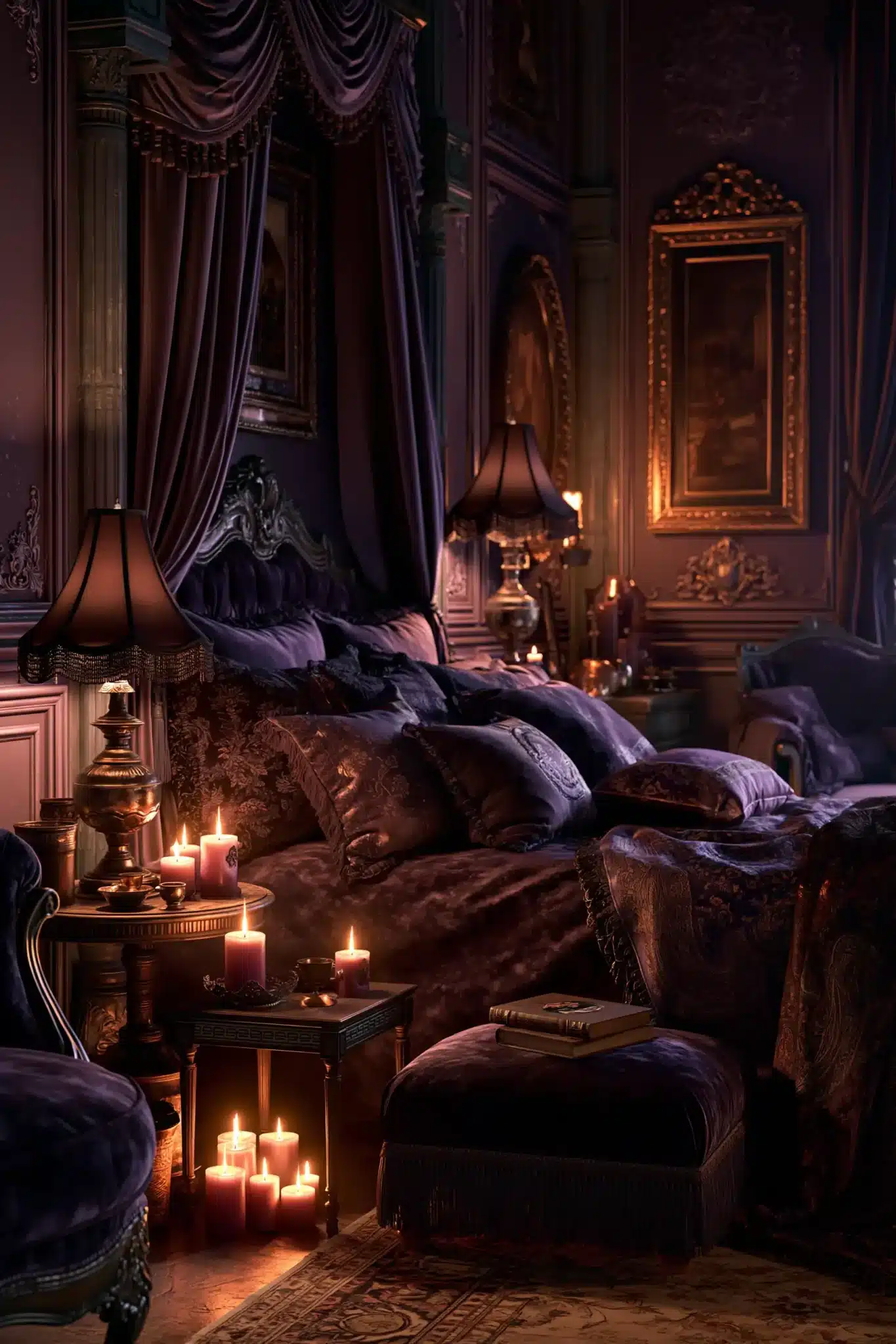 Cozy purple gothic bedroom with layered ambient lighting, lamps, and candles.