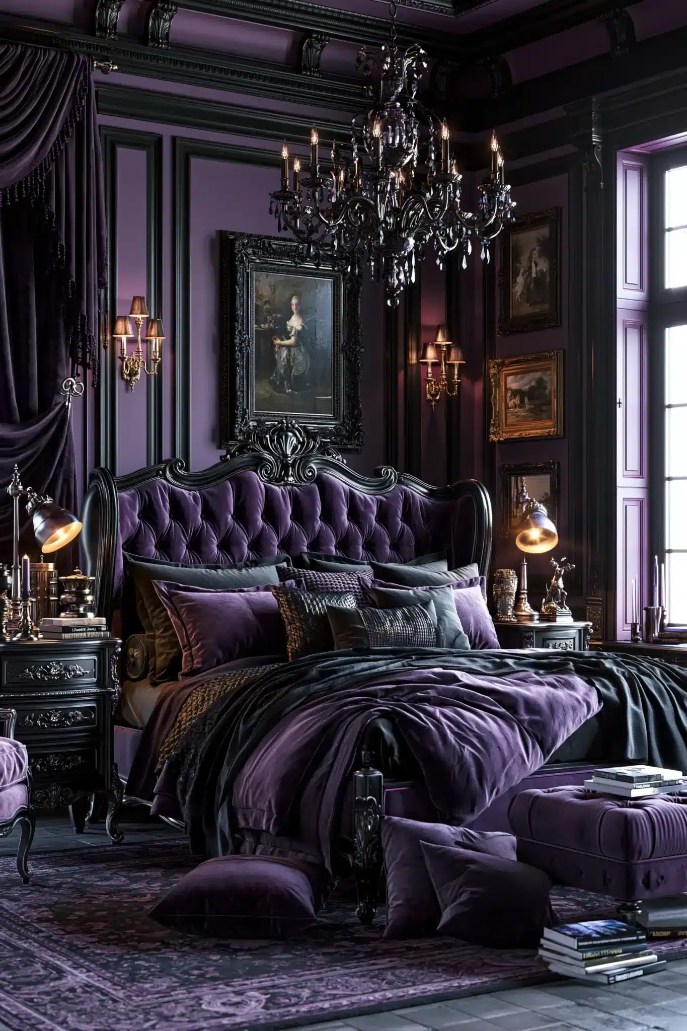 Purple gothic bedroom with amethyst bedding, black accents, velvet textures, and warm lighting.