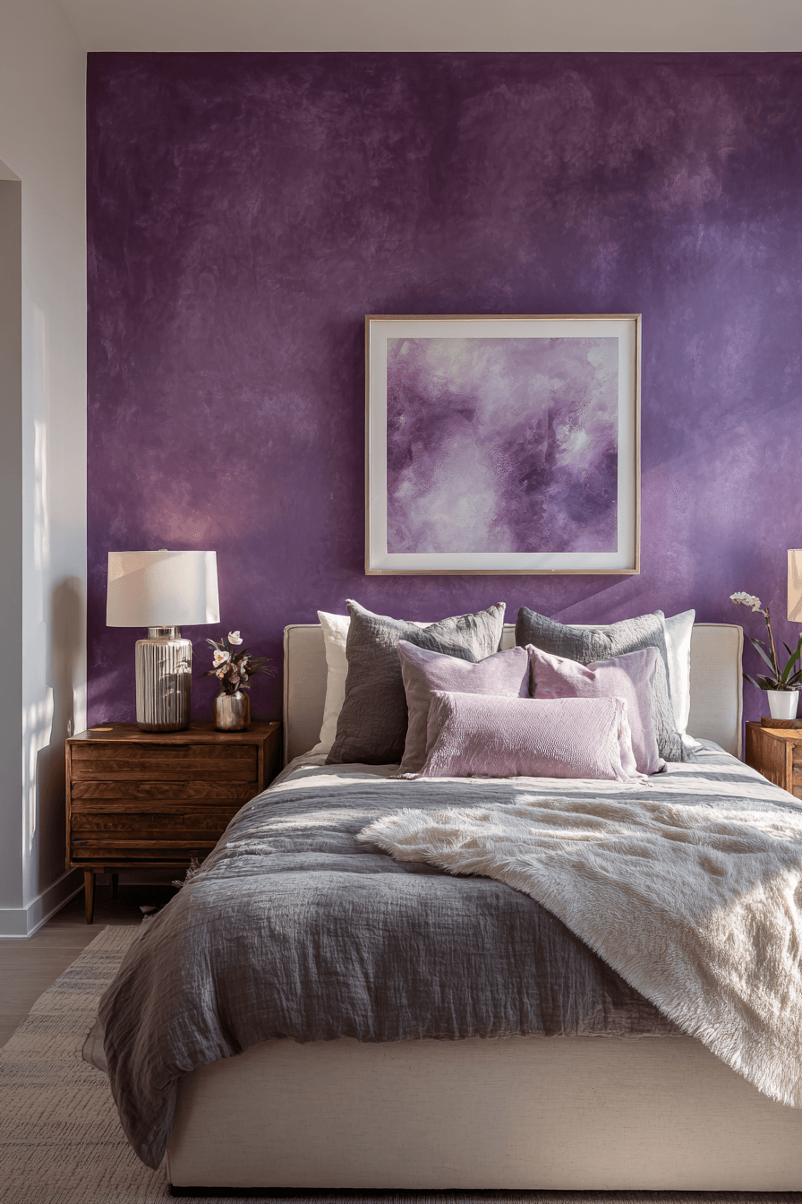 Purple bedroom with an amethyst accent wall and simple neutral furnishings