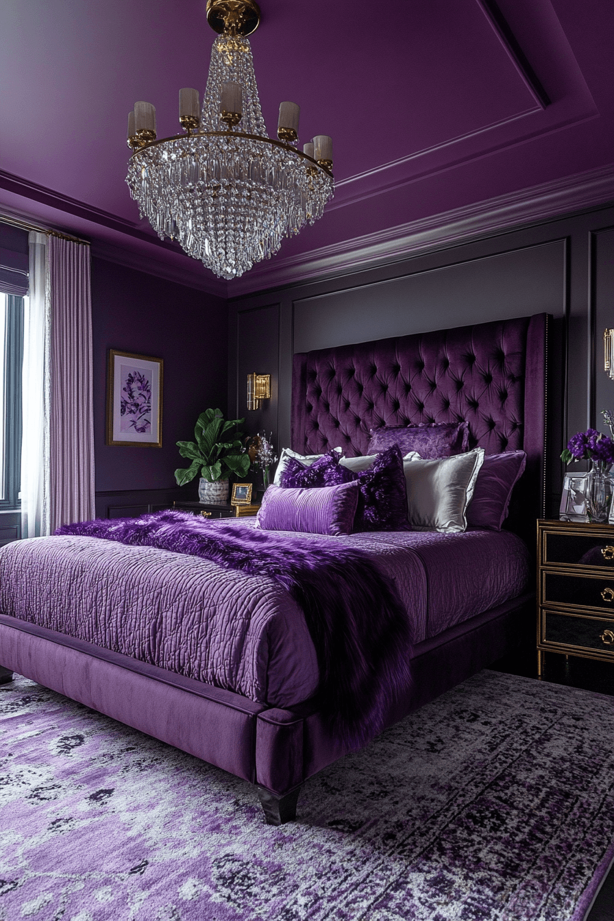 Glamorous purple bedroom with amethyst tones, gold accents, and velvet textures