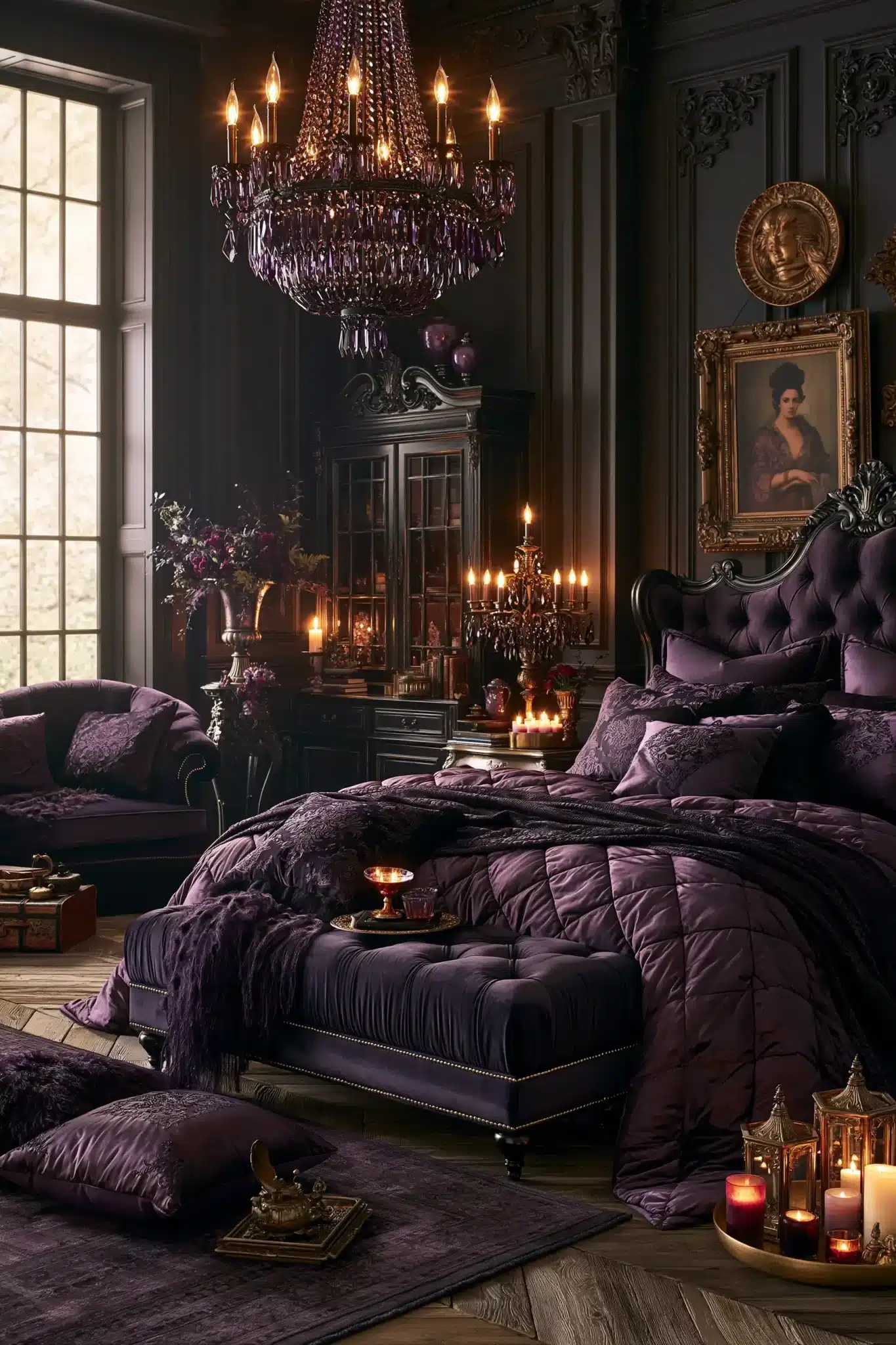 Purple gothic bedroom with amethyst accents, rich wood furniture, and soft lighting.