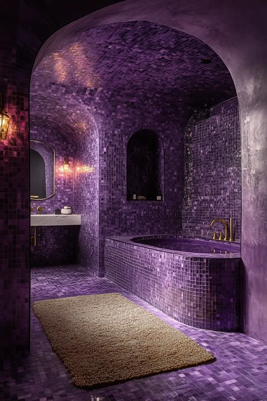 A luxurious bathroom featuring amethyst tile and brass fixtures
