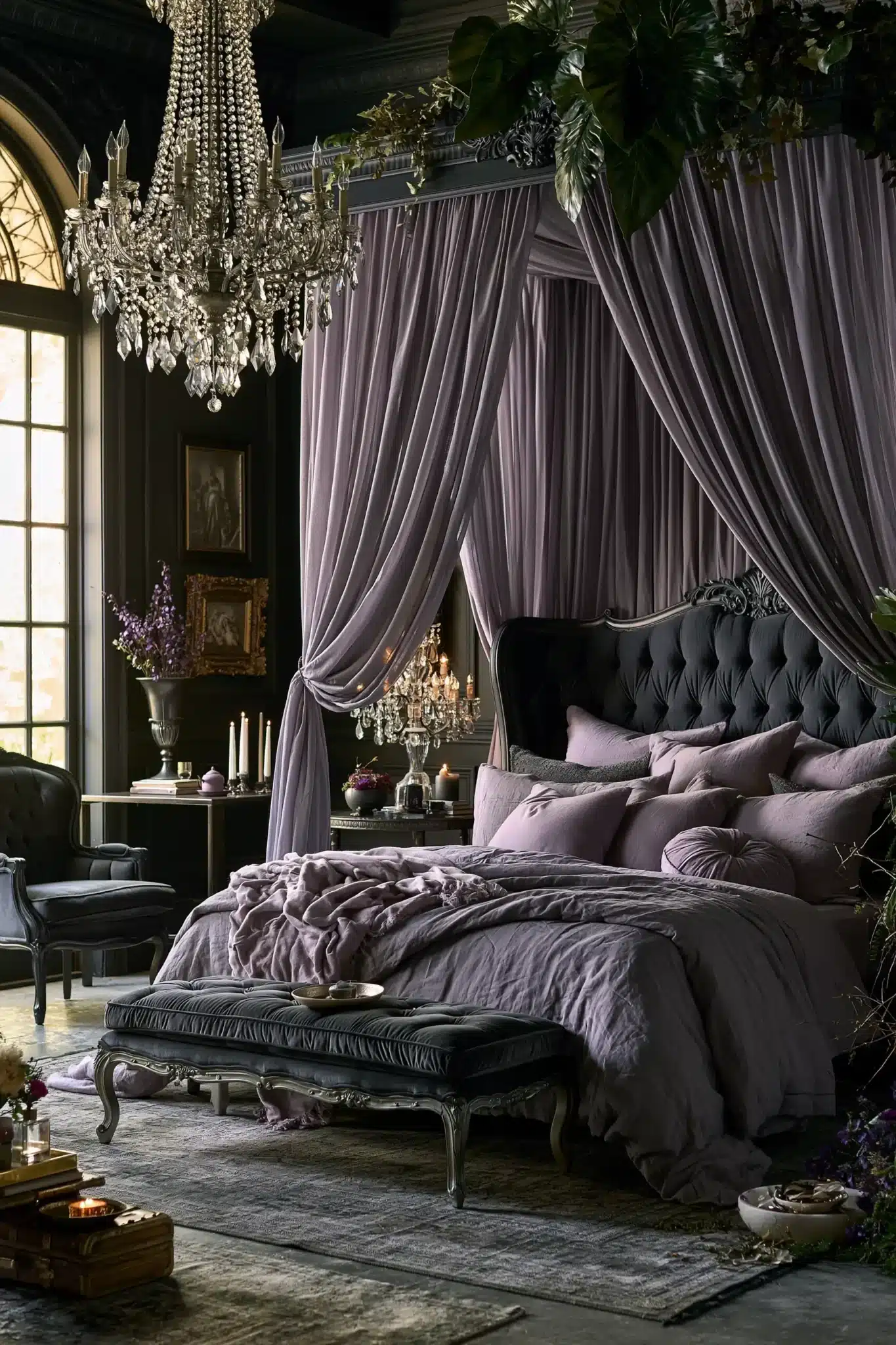 An ethereal gothic bedroom with soft lavender tones, sheer drapery, and crystal accents