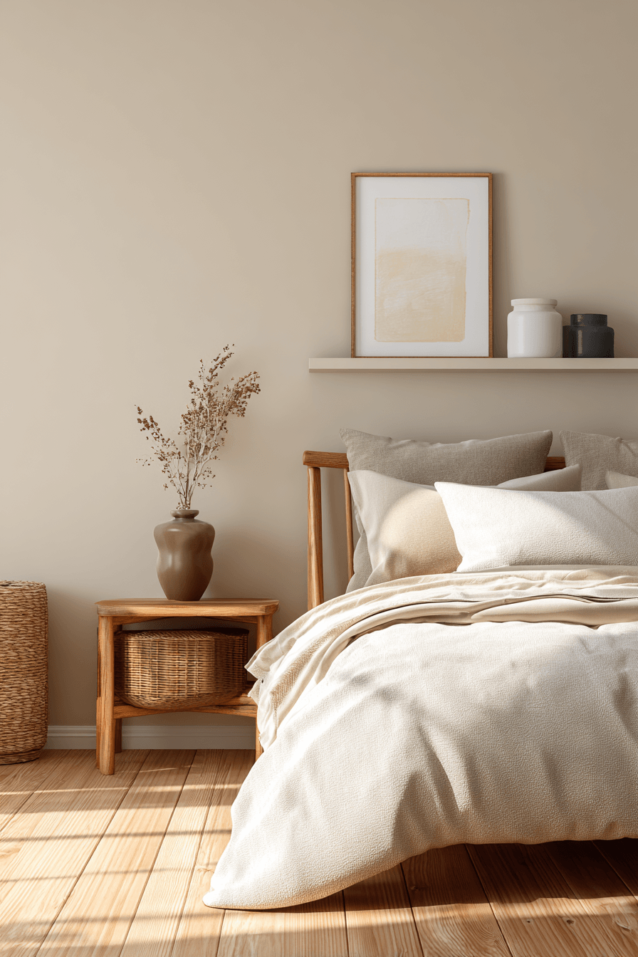 Warm beige bedroom with balanced neutrals, simple furniture, and a relaxed feel