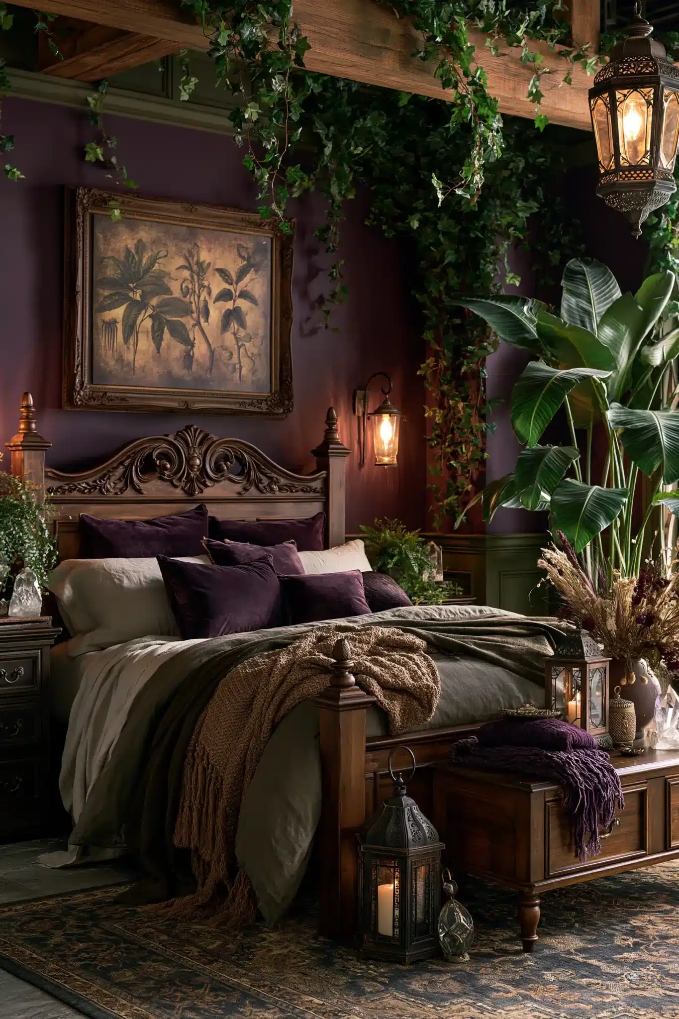 A magical gothic bedroom softened with plants, wood furniture, and rich textures