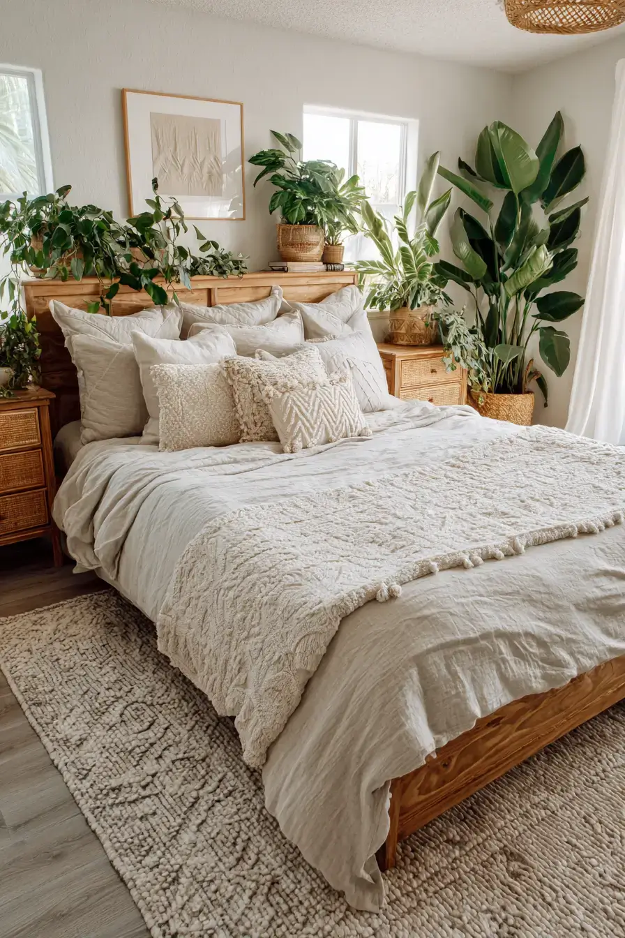 A green boho bedroom styled like a calm oasis with layered greenery and wood accents