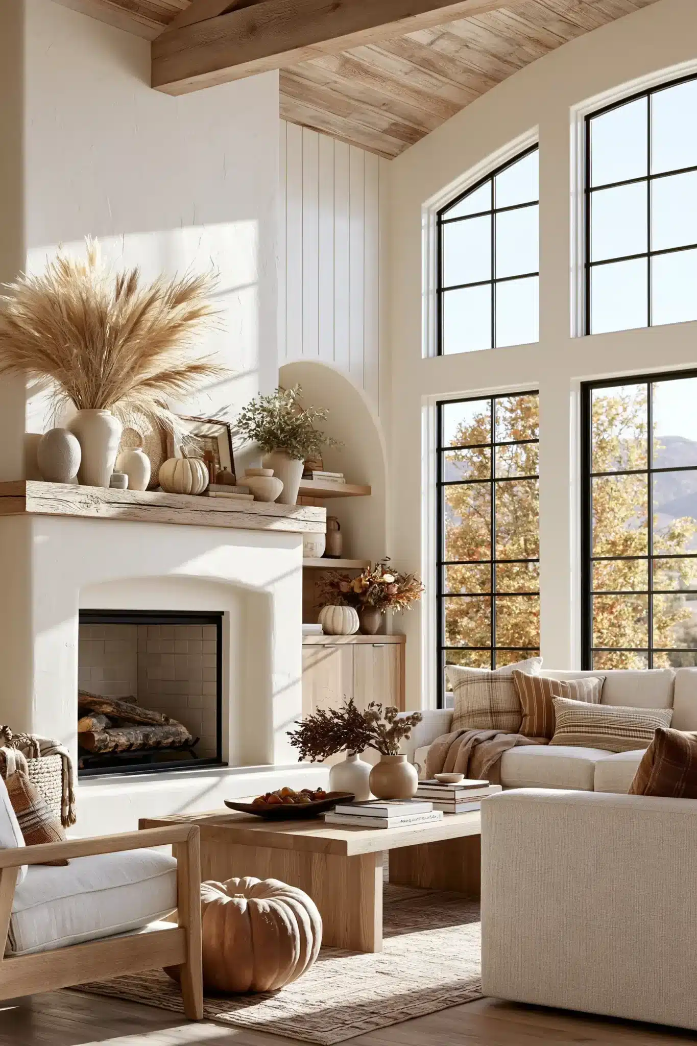 Organic Thanksgiving mantel with stone, wood, ceramic pumpkins, and dried grasses.