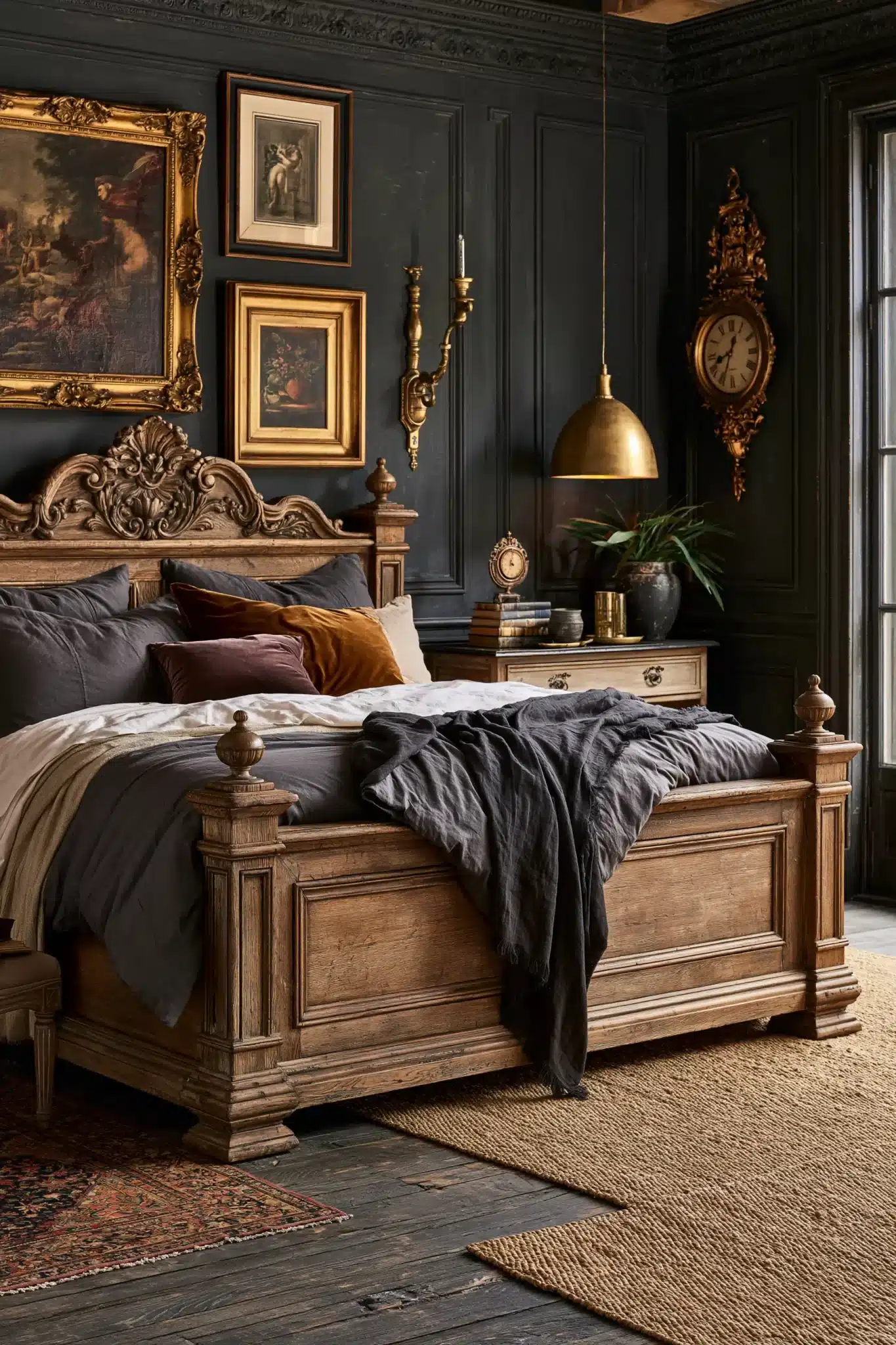 A gothic bedroom styled with antique furniture, aged wood, and warm light
