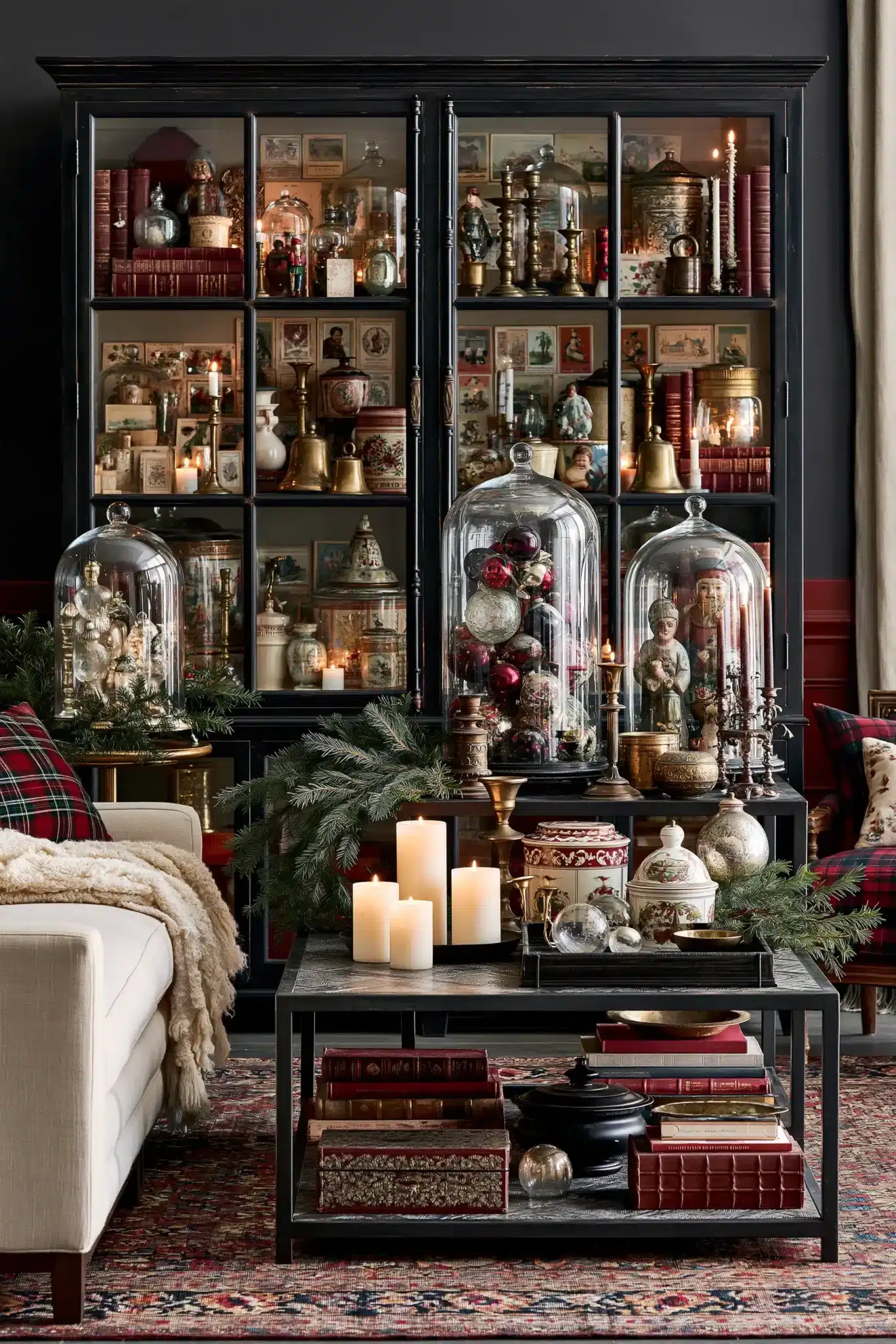 Antique Christmas collectibles styled with greenery and warm candlelight.