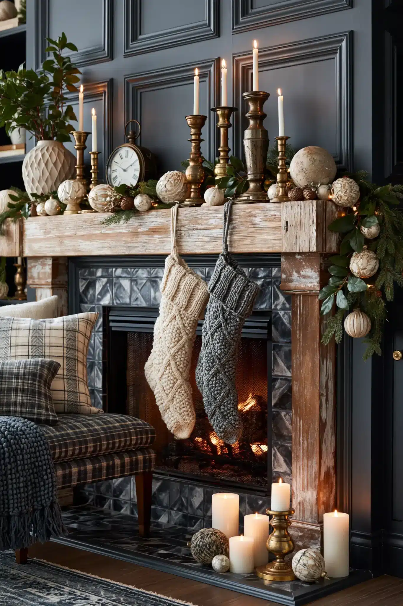 Vintage Christmas mantel with brass candlesticks, heirloom ornaments, and antique charm