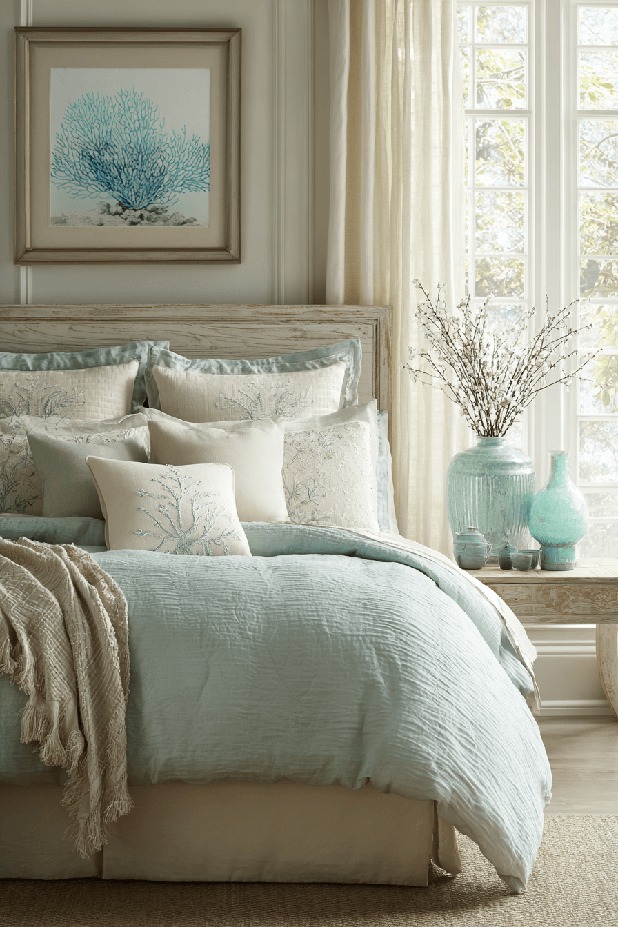 Aqua and ivory beach bedroom with layered textures glass accents and elegant coastal styling