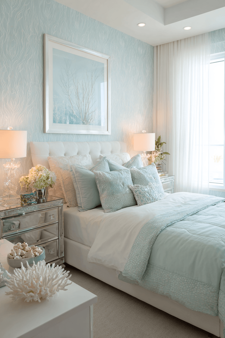 Calming coastal bedroom with aqua walls, ivory details, and driftwood furniture