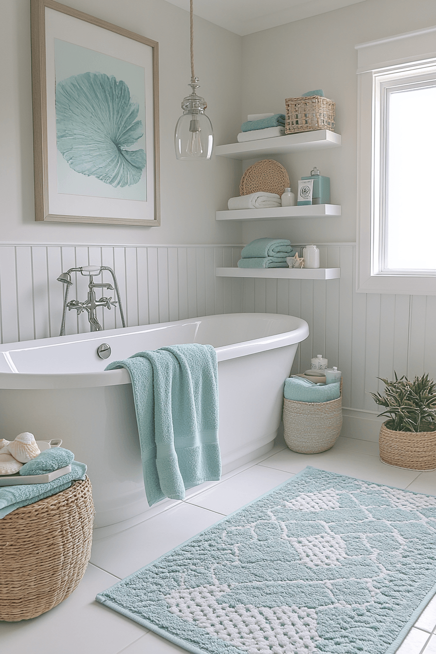 Modern coastal bathroom with muted aqua accents, white walls, and light wood cabinetry
