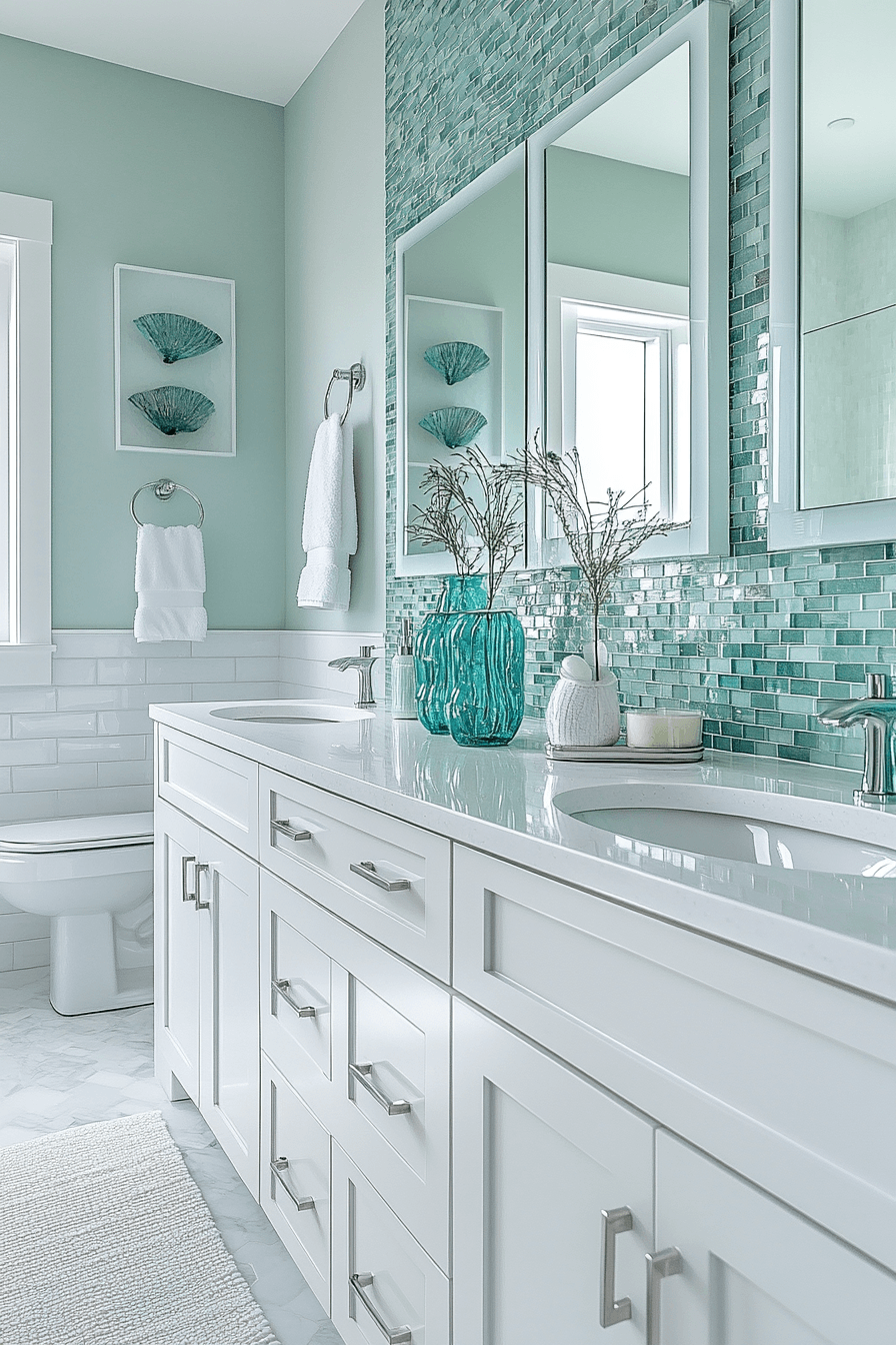Ocean bathroom with aqua glass tile, a sleek vanity, and bright reflective finishes