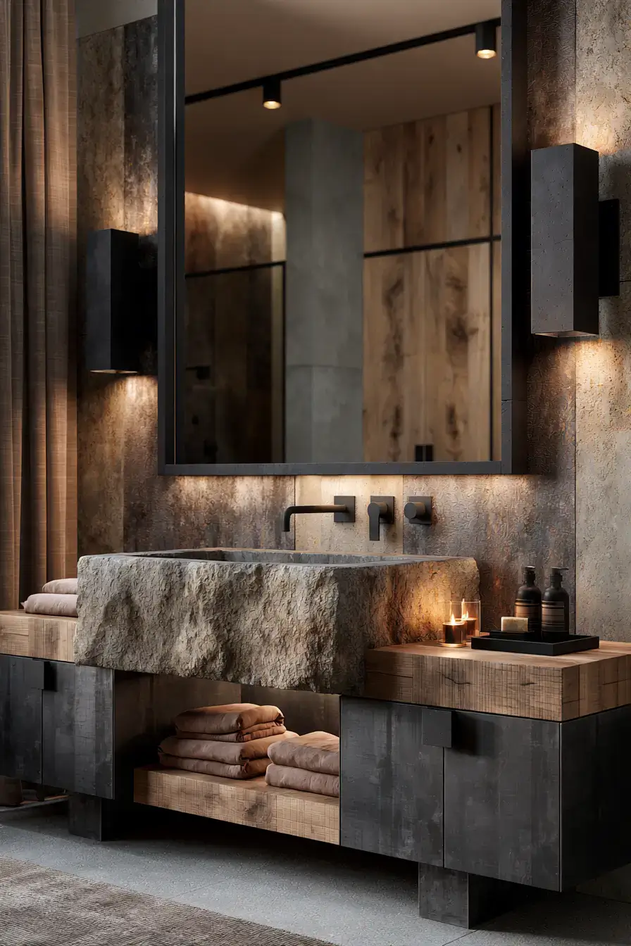A modern bathroom centered around a monolithic stone sink feature