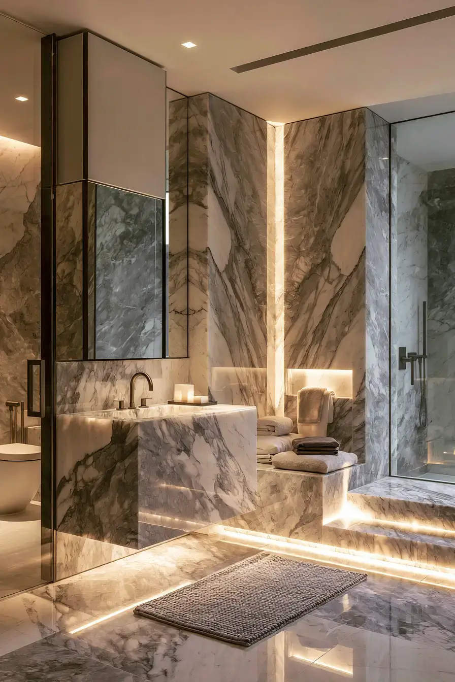 Sculptural marble natural stone bathroom with clean architectural lines