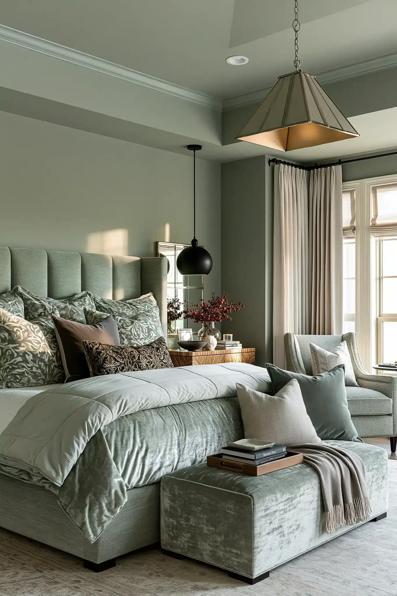 Ash grey and sage bedroom with layered fabrics, wood nightstands, and a calm stylish finish
