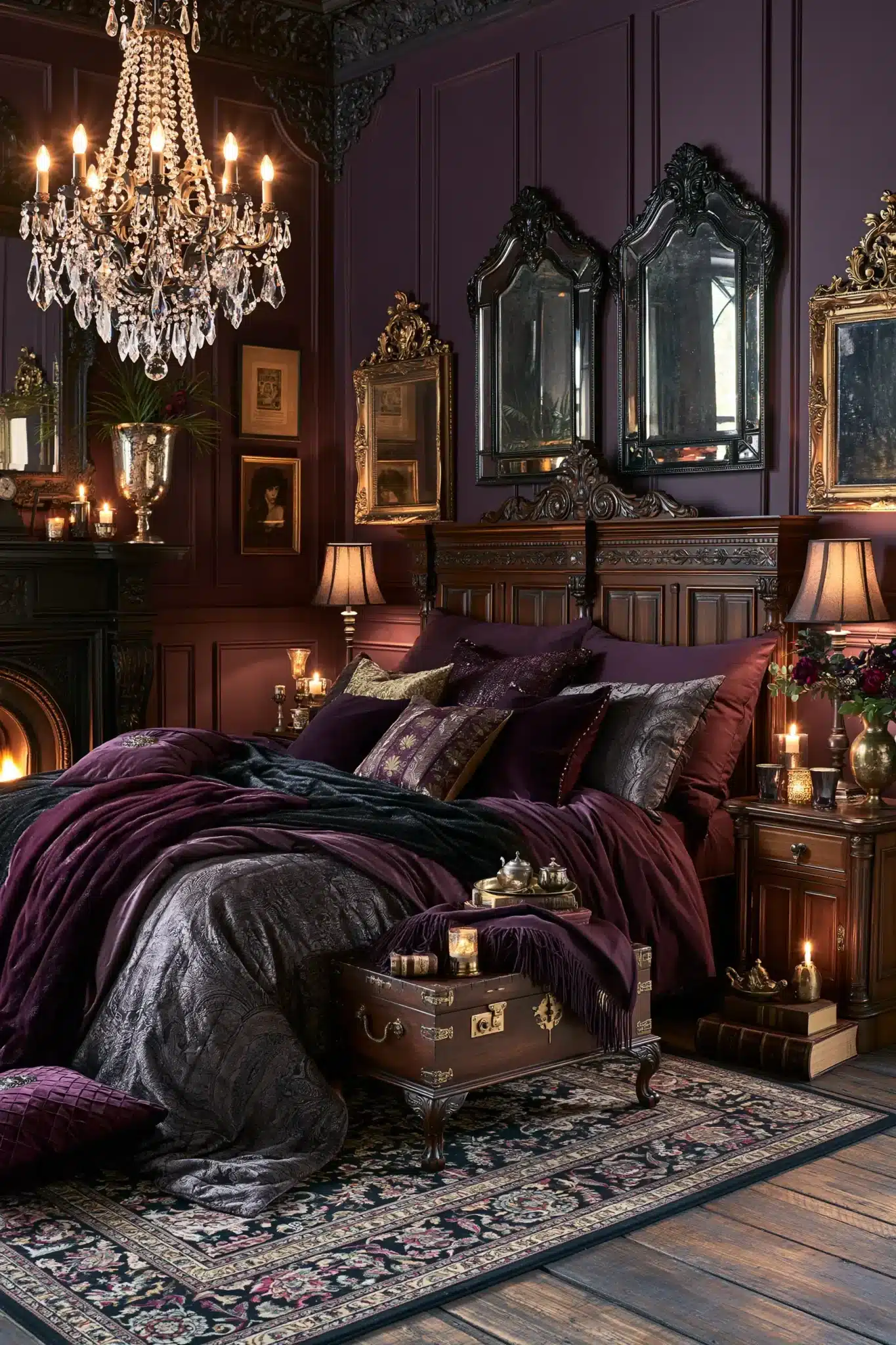 Aubergine purple gothic bedroom with dark wood, layered textiles, and vintage mirrors.